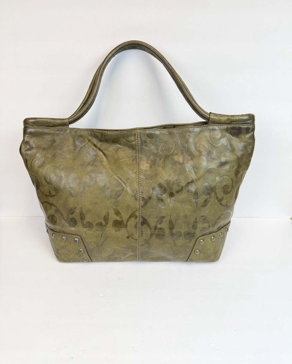 Roberta Gandolfi Made in Italy Genuine Leather Olive Green Embossed Tote Handbag